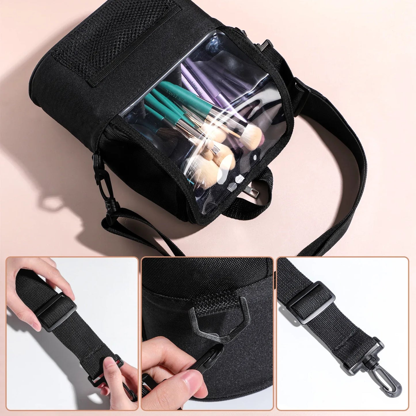 Black Professional Makeup Bag Organizer - Large Capacity Travel Cosmetic Case with Brush Holder, Adjustable Dividers & Shoulder Strap - Mekamart Australia