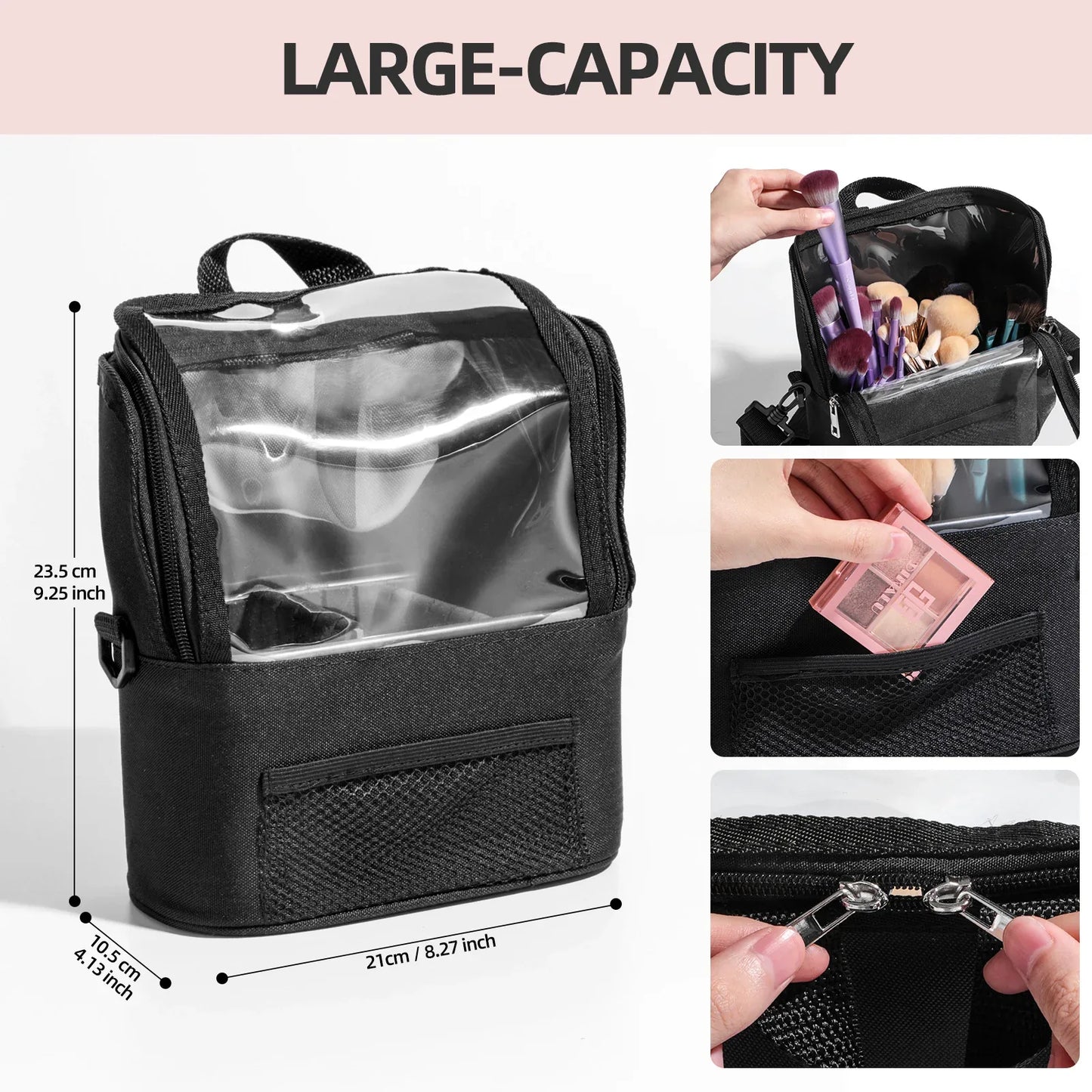 Black Professional Makeup Bag Organizer - Large Capacity Travel Cosmetic Case with Brush Holder, Adjustable Dividers & Shoulder Strap - Mekamart Australia