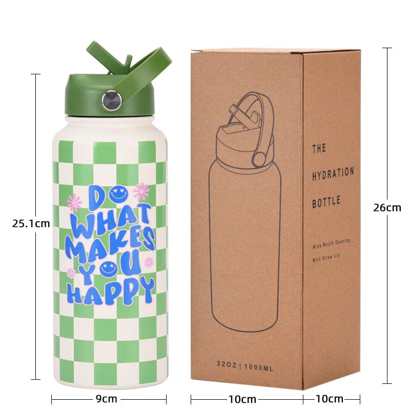 Style 19A Blue and White Plaid Vibrant Fun Print 1L Stainless Steel Insulated Water Bottle - 32oz Large Capacity with Straw Lid & Carry Handle - BPA-Free - Mekamart Australia