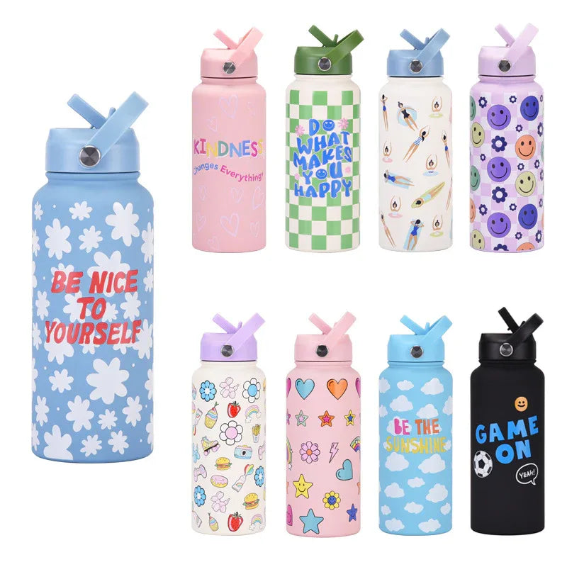 Style 9B Black Vibrant Fun Print 1L Stainless Steel Insulated Water Bottle - 32oz Large Capacity with Straw Lid & Carry Handle - BPA-Free - Mekamart Australia
