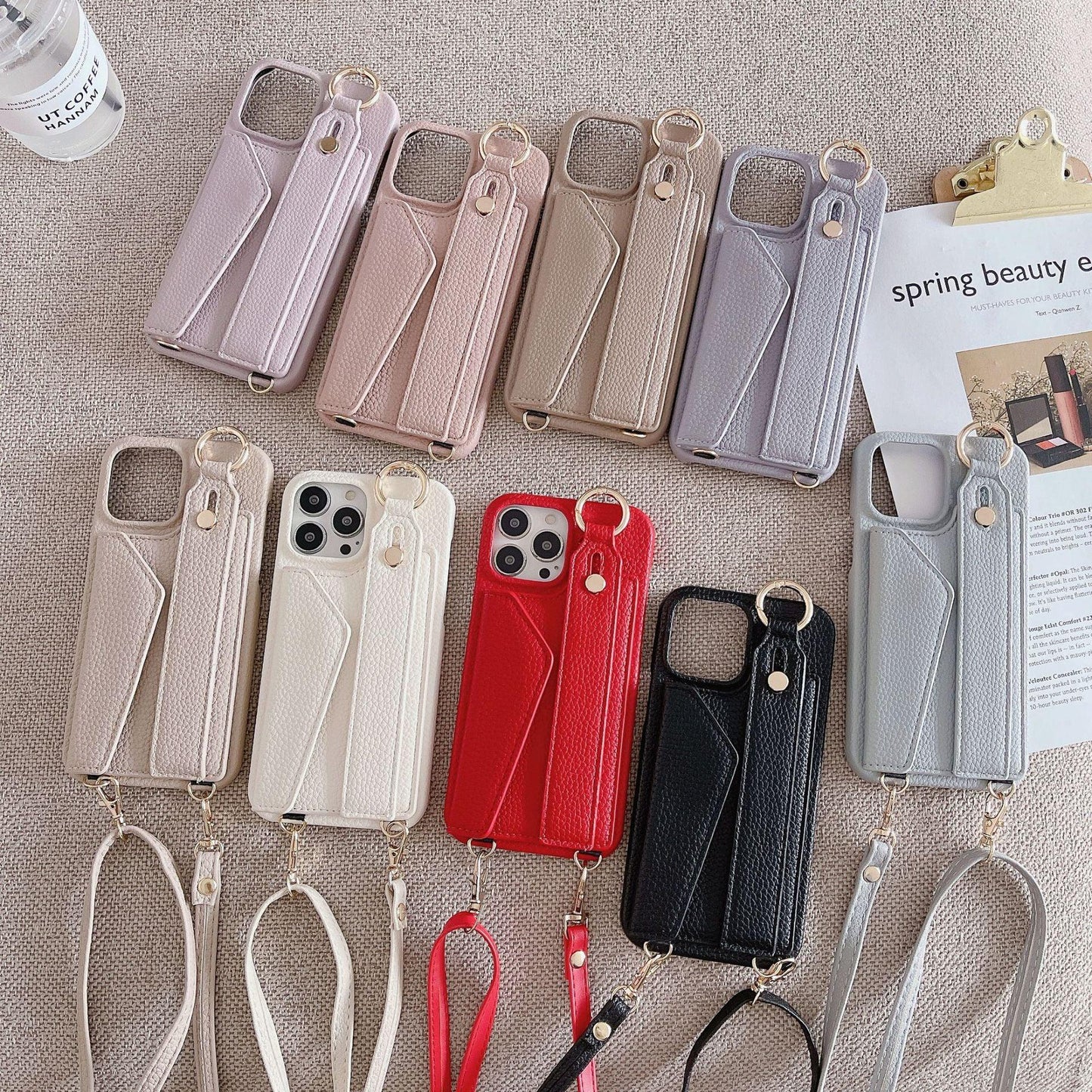 Black Chic PU Leather Crossbody Wallet Case for iPhone 16 Pro - Card Holder with Detachable Strap & Finger Ring Grip - Mekamart Australia