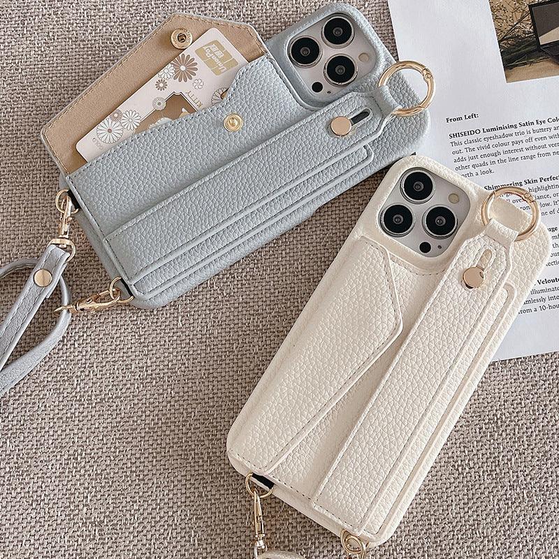 Black Chic PU Leather Crossbody Wallet Case for iPhone 16 Pro - Card Holder with Detachable Strap & Finger Ring Grip - Mekamart Australia