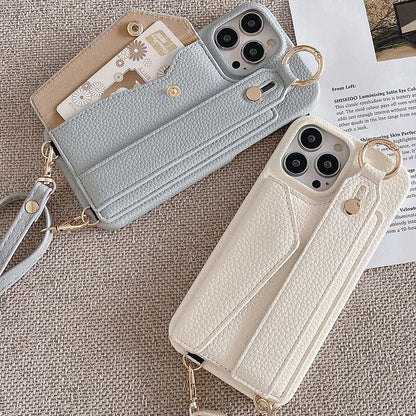 Black Chic PU Leather Crossbody Wallet Case for iPhone 16 Pro - Card Holder with Detachable Strap & Finger Ring Grip - Mekamart Australia