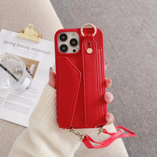 Red Chic PU Leather Crossbody Wallet Case for iPhone 16 Pro - Card Holder with Detachable Strap & Finger Ring Grip - Mekamart Australia
