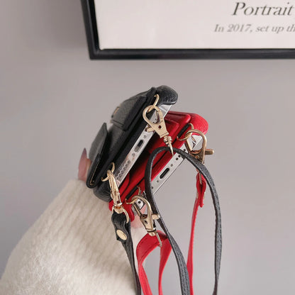 Red Chic PU Leather Crossbody Wallet Case for iPhone 16 Pro - Card Holder with Detachable Strap & Finger Ring Grip - Mekamart Australia