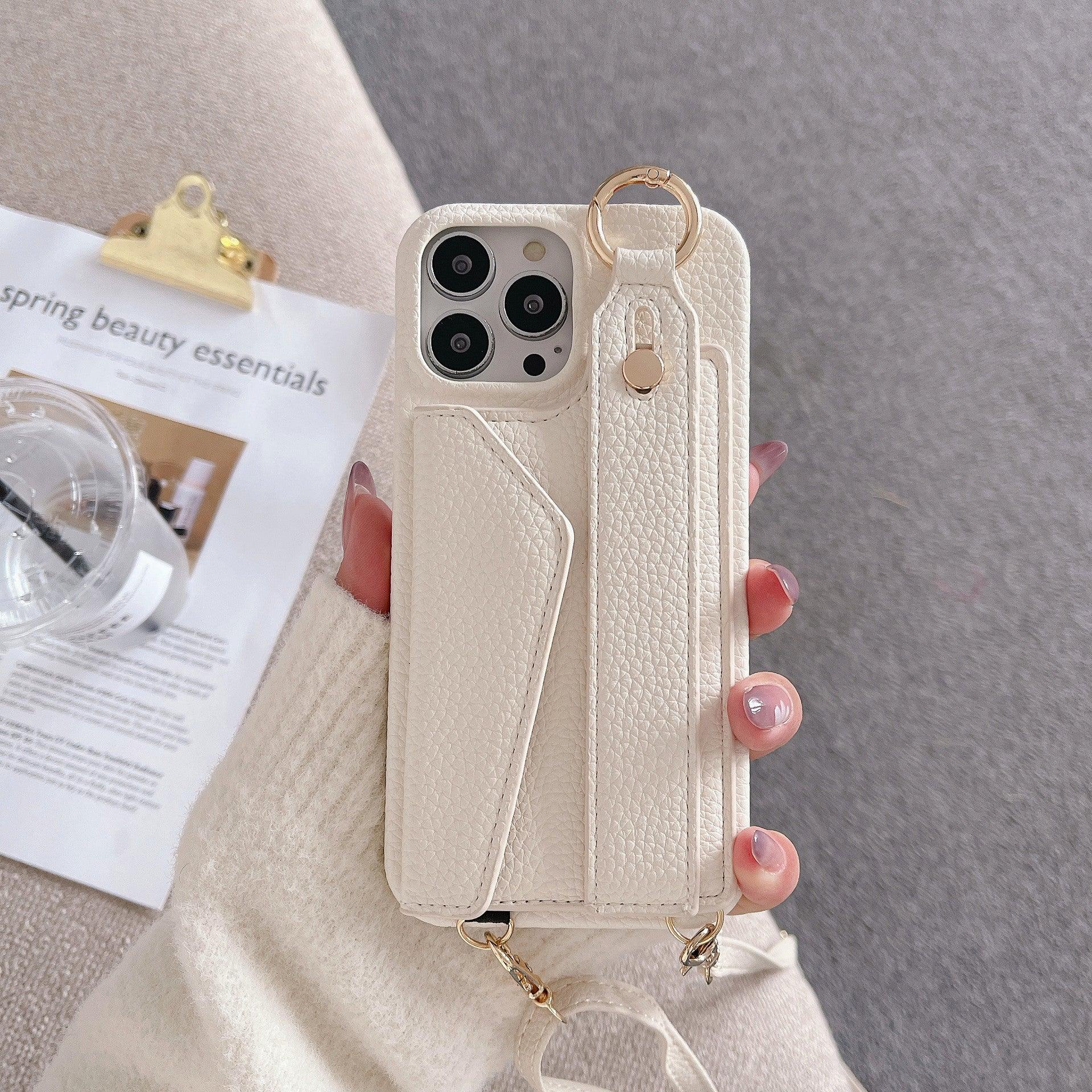 Beige Chic PU Leather Crossbody Wallet Case for iPhone 16 Pro - Card Holder with Detachable Strap & Finger Ring Grip - Mekamart Australia