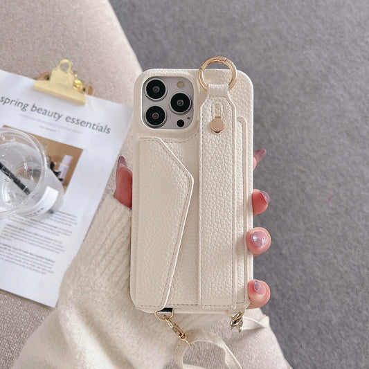 Beige Chic PU Leather Crossbody Wallet Case for iPhone 16 Pro - Card Holder with Detachable Strap & Finger Ring Grip - Mekamart Australia