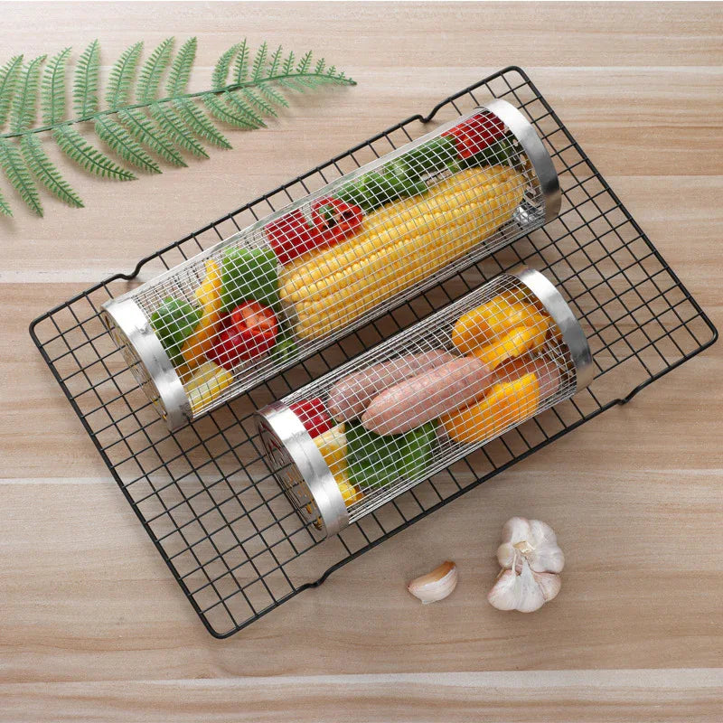 2 Pcs Size S Silver Rolling Stainless Steel BBQ Grill Basket - Cylindrical Grilling Cage for Veggies, Meats & More (304 Food-Grade) - Mekamart Australia