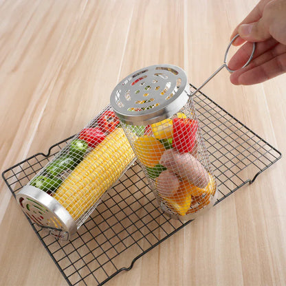 2 Pcs Size S Silver Rolling Stainless Steel BBQ Grill Basket - Cylindrical Grilling Cage for Veggies, Meats & More (304 Food-Grade) - Mekamart Australia