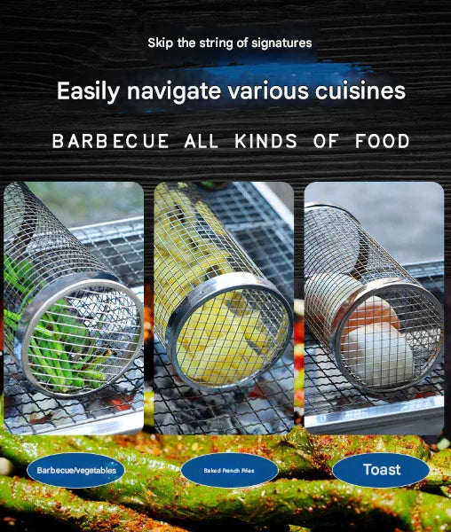 2 Pcs Size L Silver Rolling Stainless Steel BBQ Grill Basket - Cylindrical Grilling Cage for Veggies, Meats & More (304 Food-Grade) - Mekamart Australia