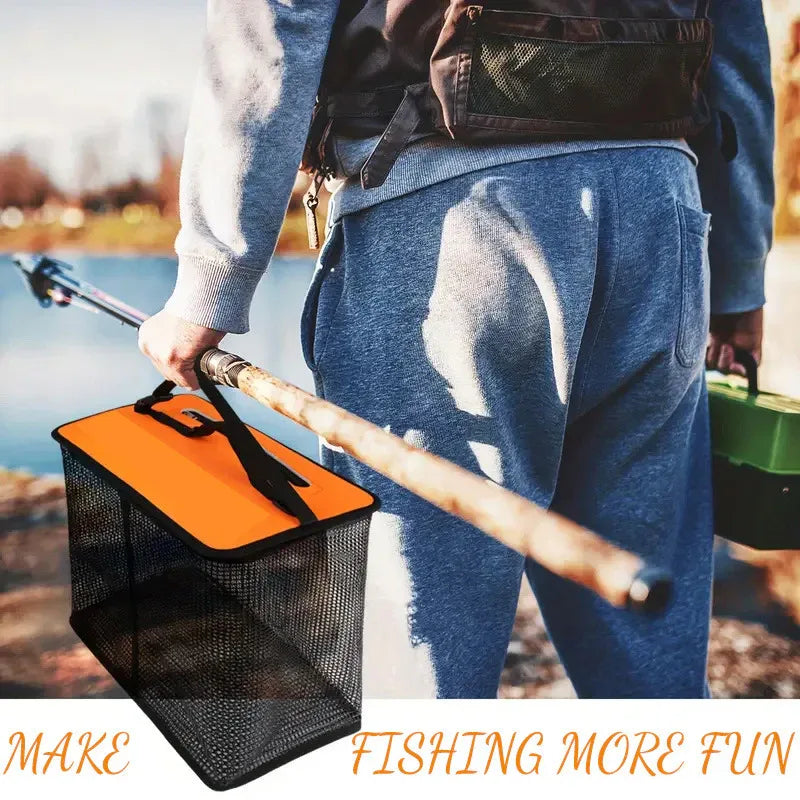 1 Piece Orange and Black Durable Collapsible Fishing Keepnet - Large 40.5L Quick-Dry Coated Nylon Fish Basket for Live Bait & Catch - Mekamart Australia