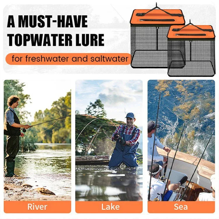 1 Piece Orange and Black Durable Collapsible Fishing Keepnet - Large 40.5L Quick-Dry Coated Nylon Fish Basket for Live Bait & Catch - Mekamart Australia