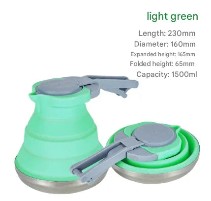 Light Green 1.5L Collapsible Silicone Camping Kettle - Portable Foldable Travel Water Boiler, Stainless Steel Base - Mekamart Australia