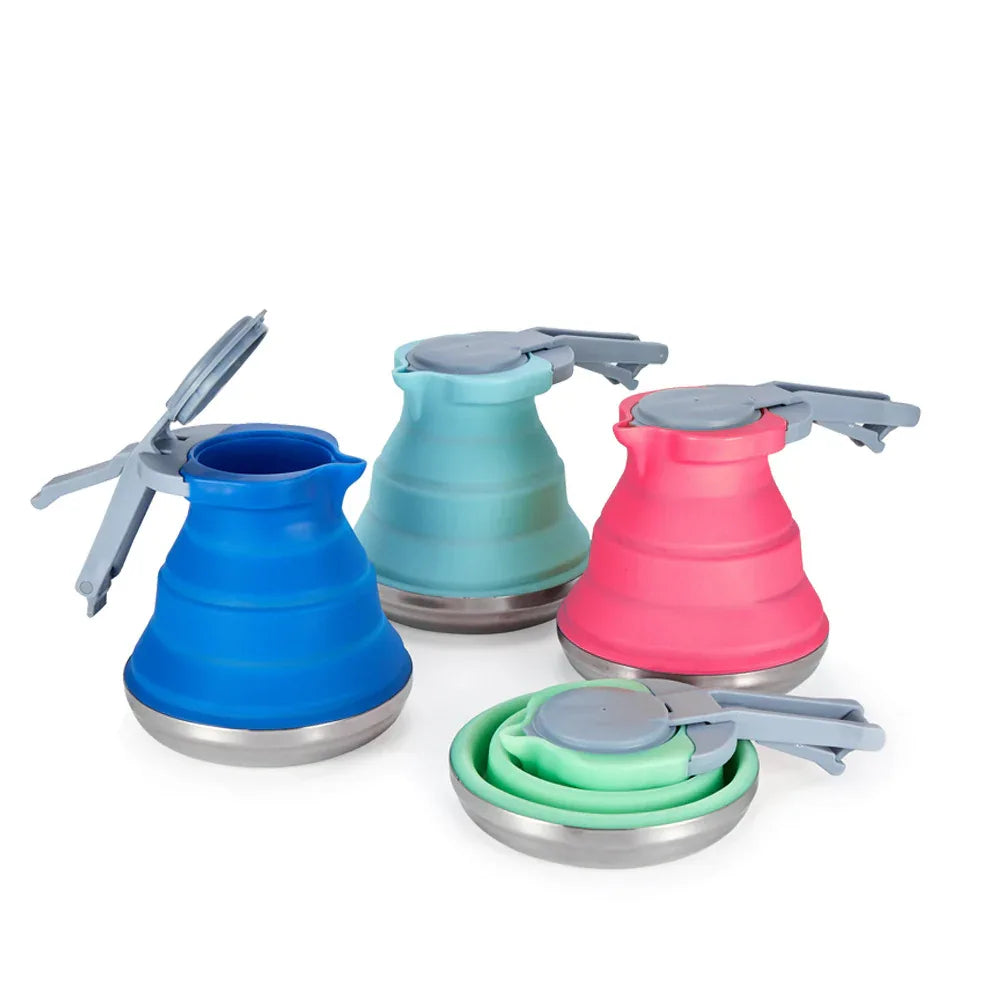 Light Green 1.5L Collapsible Silicone Camping Kettle - Portable Foldable Travel Water Boiler, Stainless Steel Base - Mekamart Australia