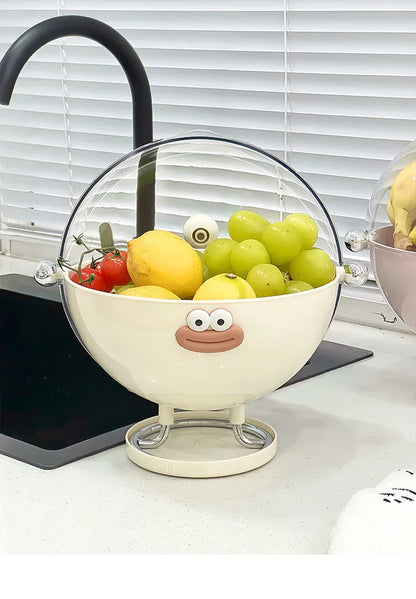 Beige Whimsical Covered Fruit Bowl with Flip Lid & Drainer - Cute Design Snack & Candy Dish for Living Room - Mekamart Australia