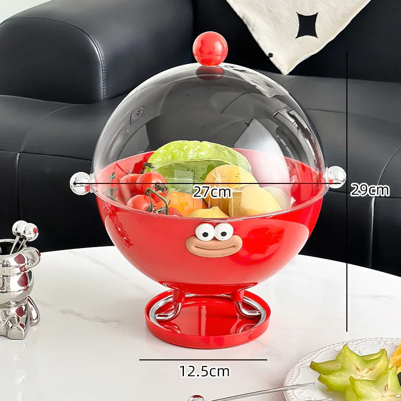 Red Whimsical Covered Fruit Bowl with Flip Lid & Drainer - Cute Design Snack & Candy Dish for Living Room - Mekamart Australia