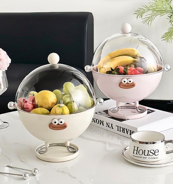 Red Whimsical Covered Fruit Bowl with Flip Lid & Drainer - Cute Design Snack & Candy Dish for Living Room - Mekamart Australia