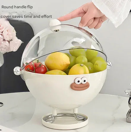 Pink Whimsical Covered Fruit Bowl with Flip Lid & Drainer - Cute Design Snack & Candy Dish for Living Room - Mekamart Australia
