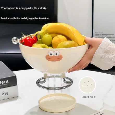 Pink Whimsical Covered Fruit Bowl with Flip Lid & Drainer - Cute Design Snack & Candy Dish for Living Room - Mekamart Australia