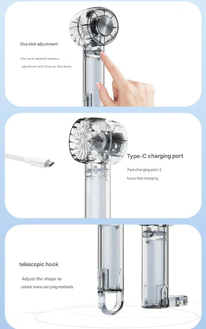 Transparent Black Portable Mini Cooling Fan with Semiconductor Ice Compress - USB-C Rechargeable, 3-Speed Turbine & Transparent Design - Mekamart Australia