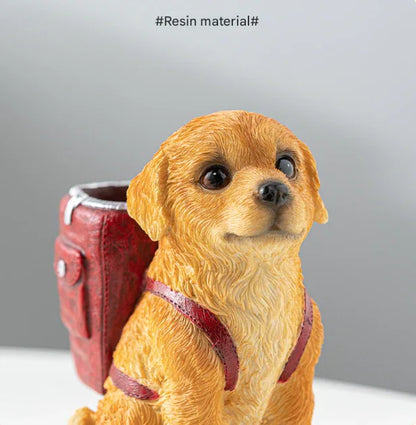 Blue Backpack Charming Golden Retriever Puppy Pen Holder - Resin Desktop Organizer & Decorative Figurine - Mekamart Australia