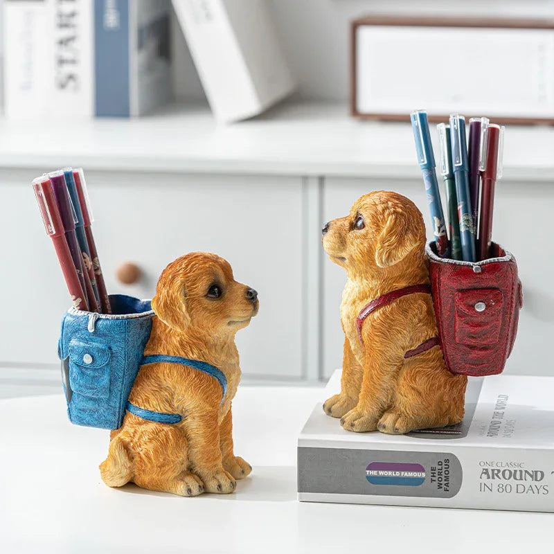 Red Backpack Charming Golden Retriever Puppy Pen Holder - Resin Desktop Organizer & Decorative Figurine - Mekamart Australia