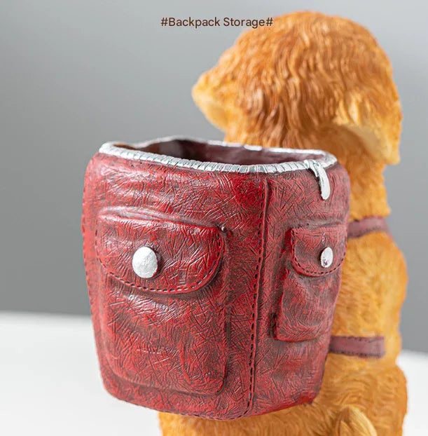 Red Backpack Charming Golden Retriever Puppy Pen Holder - Resin Desktop Organizer & Decorative Figurine - Mekamart Australia