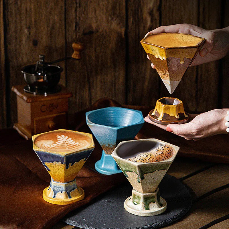 Beige and Green Artistic Hexagonal Ceramic Coffee Cup & Stand Set - 180ml Nordic Design Drip Glaze Mug - Mekamart Australia