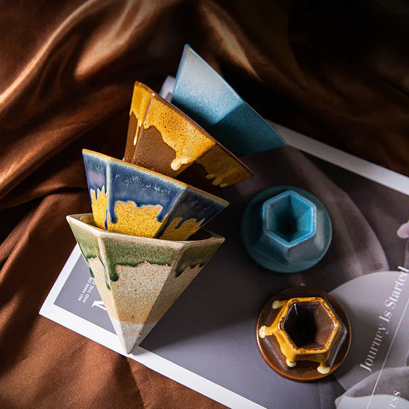 Blue and Brown Artistic Hexagonal Ceramic Coffee Cup & Stand Set - 180ml Nordic Design Drip Glaze Mug - Mekamart Australia