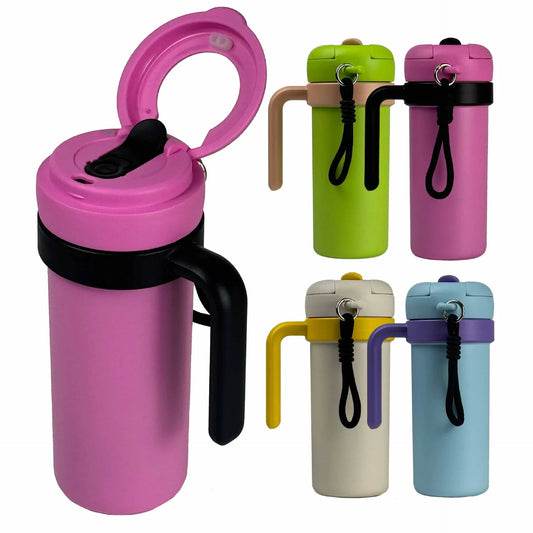 Beige and Yellow 700ml Insulated Stainless Steel Tumbler with Handle, Dual-Sip Lid, Straw & Tea Infuser - Mekamart Australia