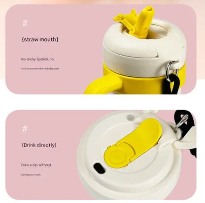 Beige and Yellow 700ml Insulated Stainless Steel Tumbler with Handle, Dual-Sip Lid, Straw & Tea Infuser - Mekamart Australia