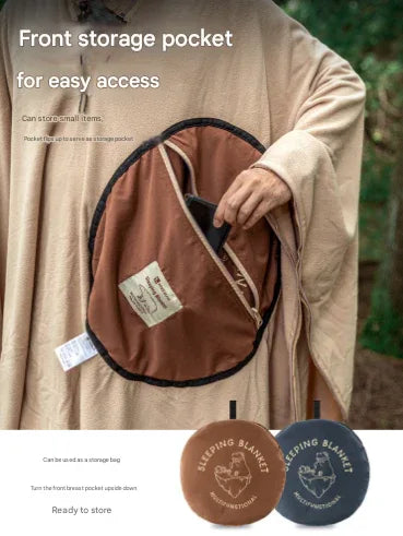 Khaki Cozy 4-in-1 Wearable Fleece Poncho Sleeping Bag - Multifunctional Camping Blanket with Detachable Hood - Mekamart Australia