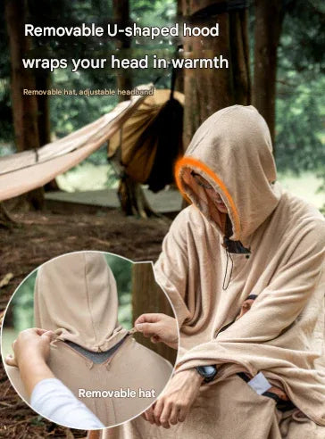 Khaki Cozy 4-in-1 Wearable Fleece Poncho Sleeping Bag - Multifunctional Camping Blanket with Detachable Hood - Mekamart Australia