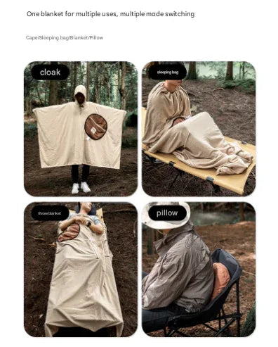 Khaki Cozy 4-in-1 Wearable Fleece Poncho Sleeping Bag - Multifunctional Camping Blanket with Detachable Hood - Mekamart Australia