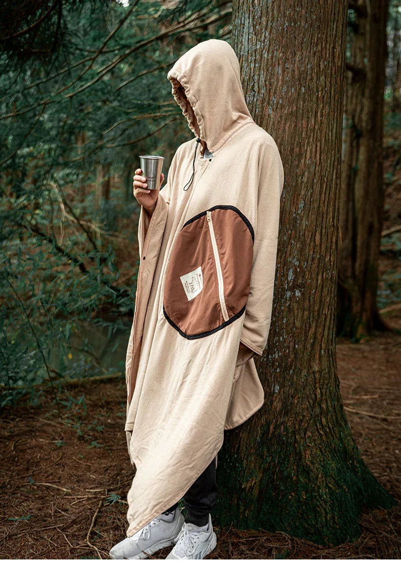 Khaki Cozy 4-in-1 Wearable Fleece Poncho Sleeping Bag - Multifunctional Camping Blanket with Detachable Hood - Mekamart Australia