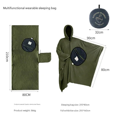 Green Cozy 4-in-1 Wearable Fleece Poncho Sleeping Bag - Multifunctional Camping Blanket with Detachable Hood - Mekamart Australia