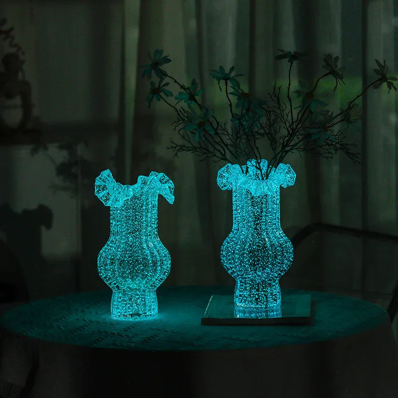 Transparent Elegant Glow-in-the-Dark Glass Vase - Vintage-Style Ruffled & Ribbed Centrepiece - Mekamart Australia