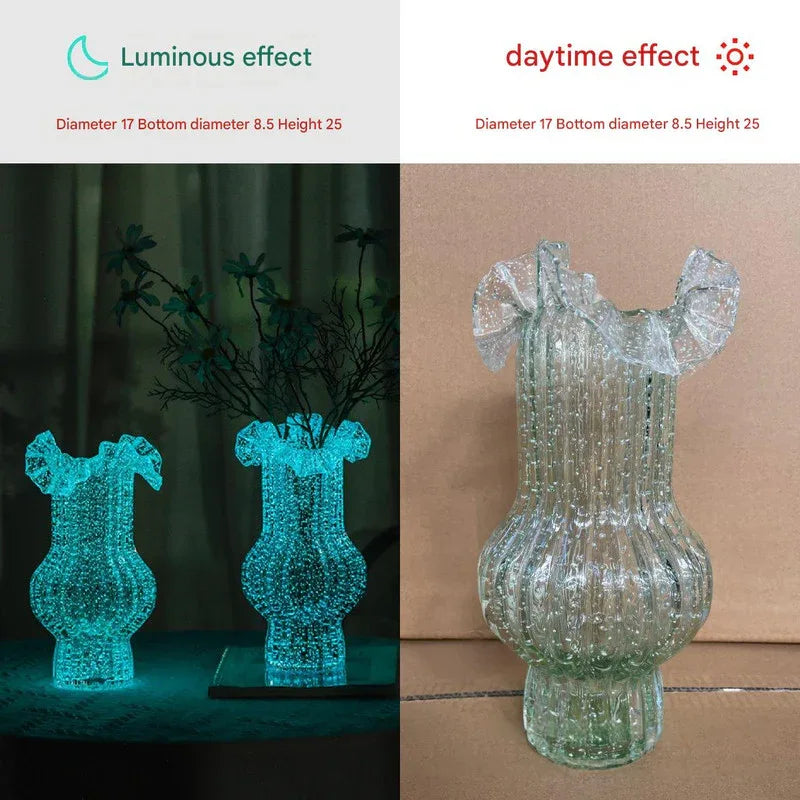 Green Elegant Glow-in-the-Dark Glass Vase - Vintage-Style Ruffled & Ribbed Centrepiece - Mekamart Australia