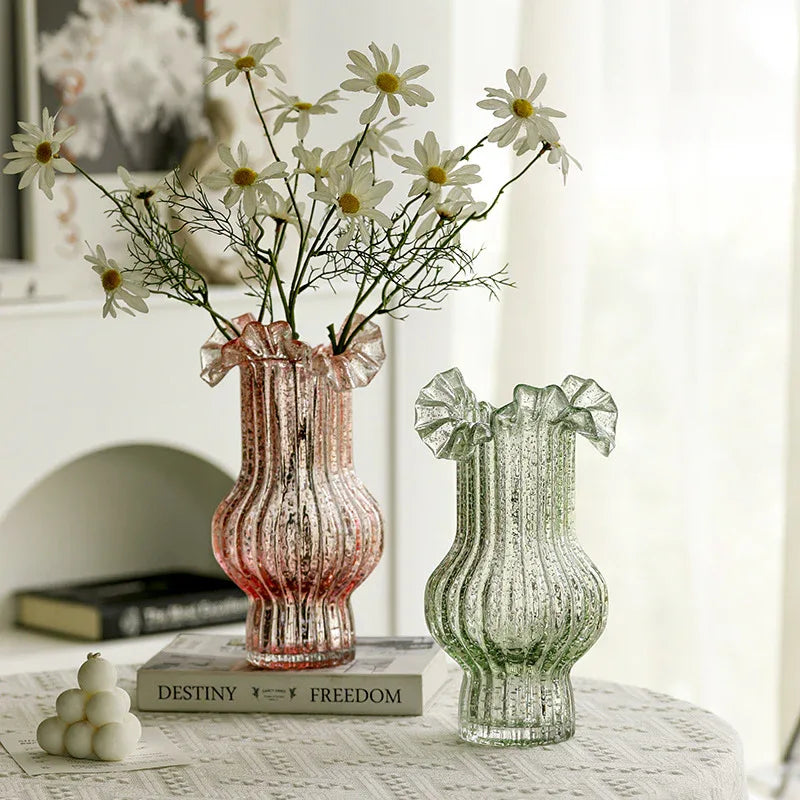 Pink Elegant Glow-in-the-Dark Glass Vase - Vintage-Style Ruffled & Ribbed Centrepiece - Mekamart Australia