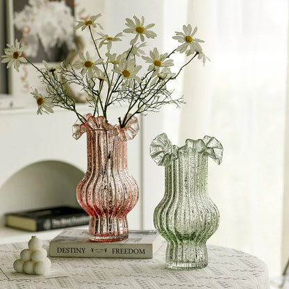 Pink Elegant Glow-in-the-Dark Glass Vase - Vintage-Style Ruffled & Ribbed Centrepiece - Mekamart Australia