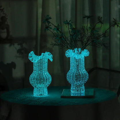 Pink Elegant Glow-in-the-Dark Glass Vase - Vintage-Style Ruffled & Ribbed Centrepiece - Mekamart Australia