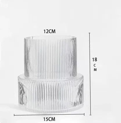 Transparent Modern Two-Tier Ribbed Glass Vase - Elegant Cylindrical Flower Centrepiece for Home Decor - Mekamart Australia