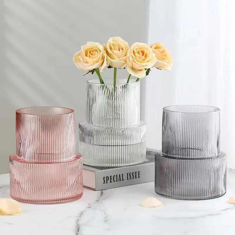 Transparent Modern Two-Tier Ribbed Glass Vase - Elegant Cylindrical Flower Centrepiece for Home Decor - Mekamart Australia