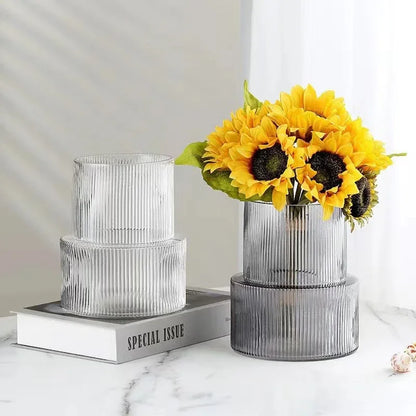 Transparent Modern Two-Tier Ribbed Glass Vase - Elegant Cylindrical Flower Centrepiece for Home Decor - Mekamart Australia