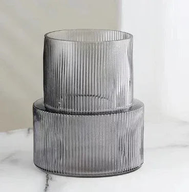 Grey Modern Two-Tier Ribbed Glass Vase - Elegant Cylindrical Flower Centrepiece for Home Decor - Mekamart Australia
