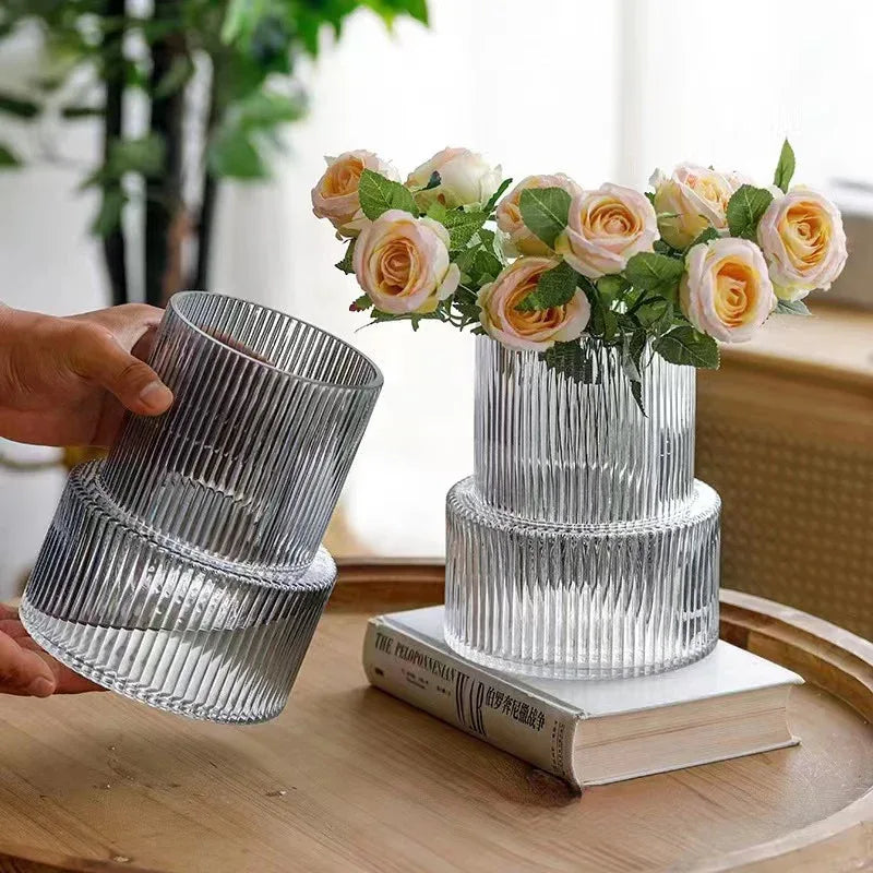 Grey Modern Two-Tier Ribbed Glass Vase - Elegant Cylindrical Flower Centrepiece for Home Decor - Mekamart Australia