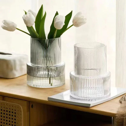 Grey Modern Two-Tier Ribbed Glass Vase - Elegant Cylindrical Flower Centrepiece for Home Decor - Mekamart Australia