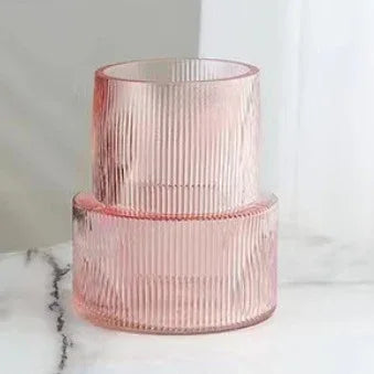 Pink Modern Two-Tier Ribbed Glass Vase - Elegant Cylindrical Flower Centrepiece for Home Decor - Mekamart Australia