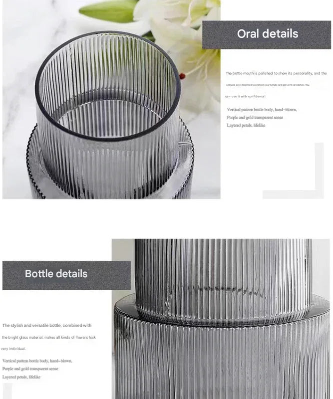 Pink Modern Two-Tier Ribbed Glass Vase - Elegant Cylindrical Flower Centrepiece for Home Decor - Mekamart Australia