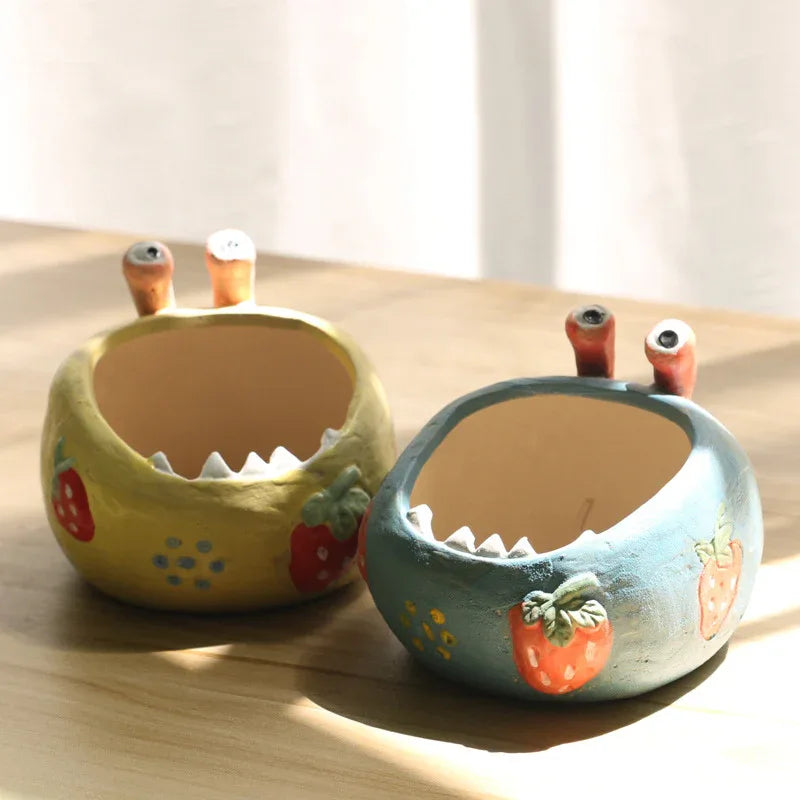 2 Pcs Yellow Whimsical Monster Ceramic Succulent Planter - Hand-Painted Character Pot with Drainage - Mekamart Australia